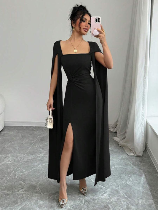 SHEIN Rafferiza فستان أسود ضيق بياقة مربعة