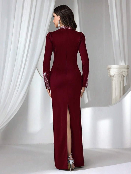 SHEIN Coutiva فستان سهرة ماكسي أنيق مرصع بالراين ستون والؤلؤ