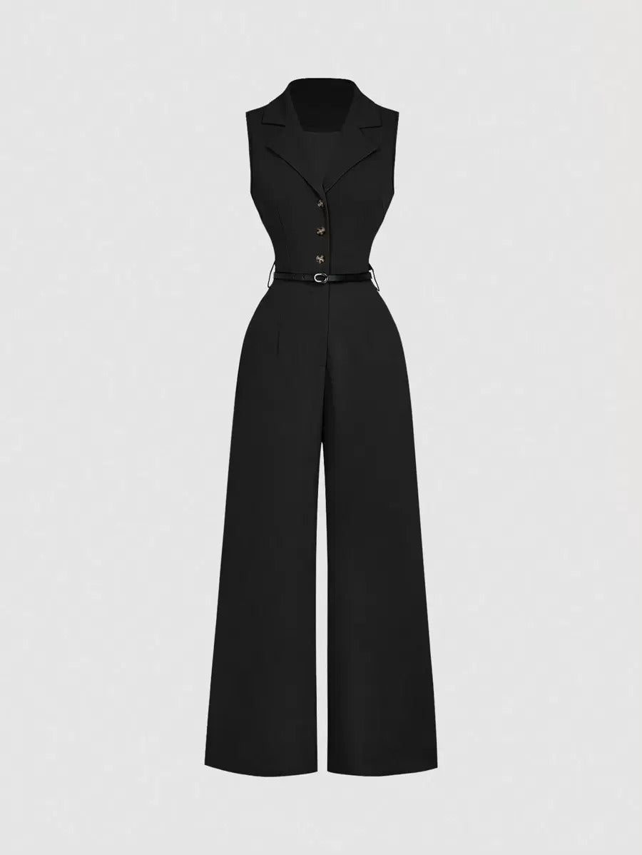 SHEIN جمبسوت حريري أسود أنيق بياقة