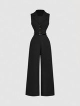 SHEIN جمبسوت حريري أسود أنيق بياقة طية وحزام