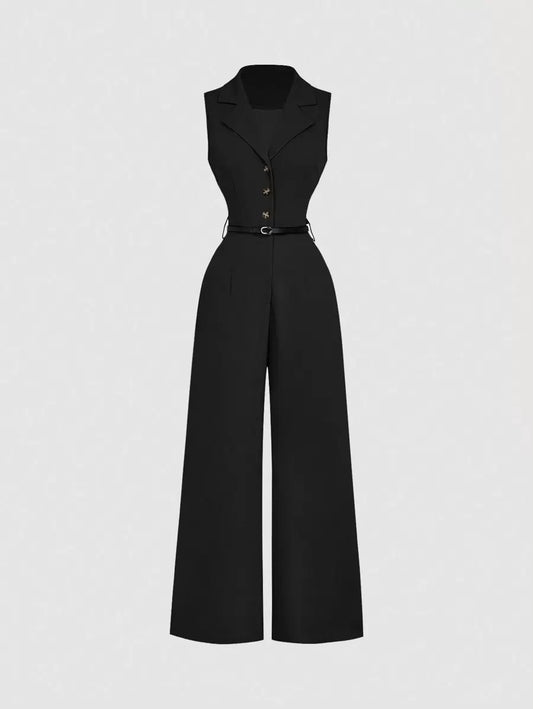 SHEIN جمبسوت حريري أسود أنيق بياقة طية وحزام