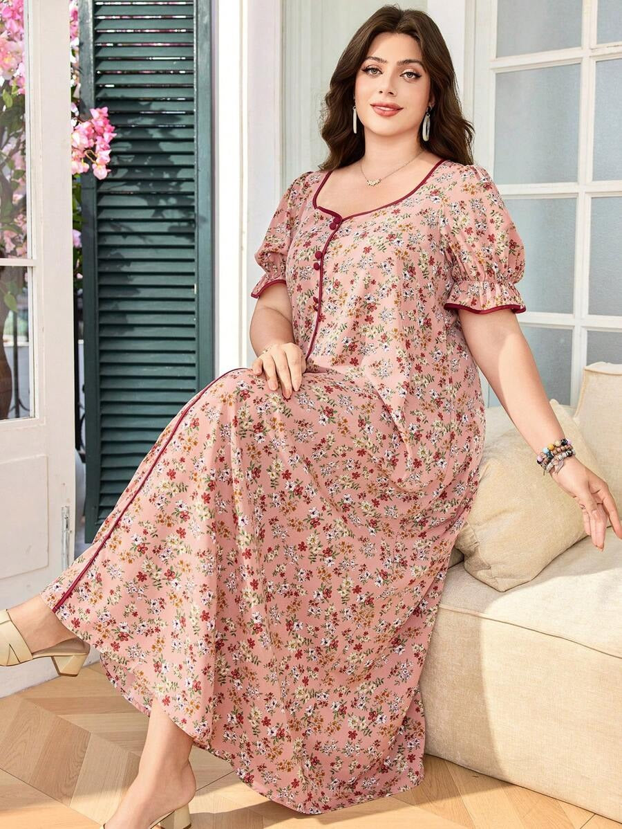 SHEIN فستان واسع بنقشة زهور برقبة مربعة وأكمام منتفخة