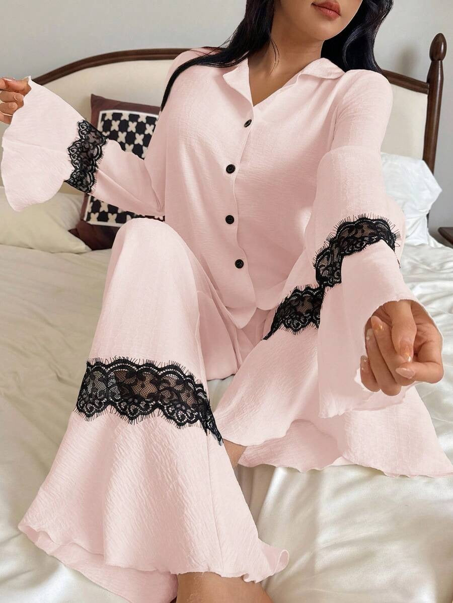 SHEIN طقم بيجامة وردي ناعم بدانتيل وأكمام واسعة