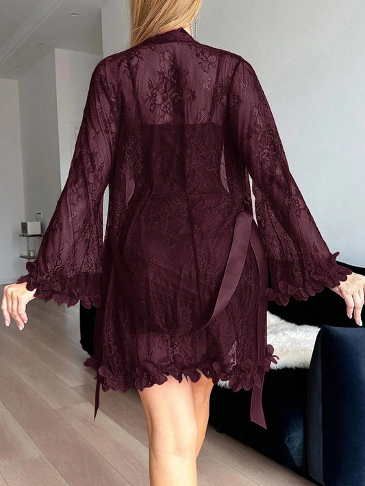 SHEIN فستان نوم وردي كستنائي مع رداء دانتيل