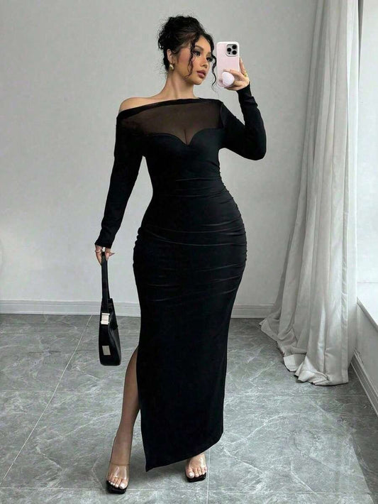 SHEIN INAWLY فستان بكتف مائل بلون أسود