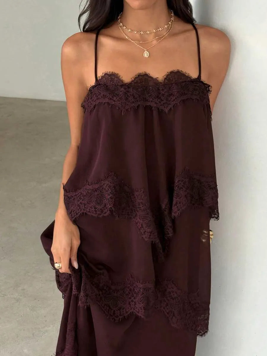 SHEIN Aloruh فستان برغندي طويل من الشيفون والدانتيل بتصميم مرقع فضفاض