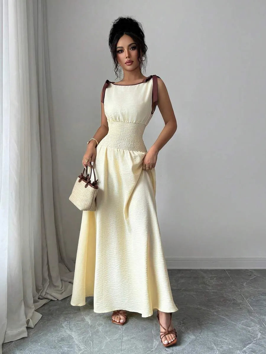 SHEIN Selianne A فستان طويل بياقة قارب وربطة عنق بخصر