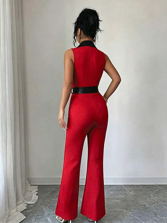 SHEIN Elenzga جمبسوت نسائية بدون أكمام بلون متباين من