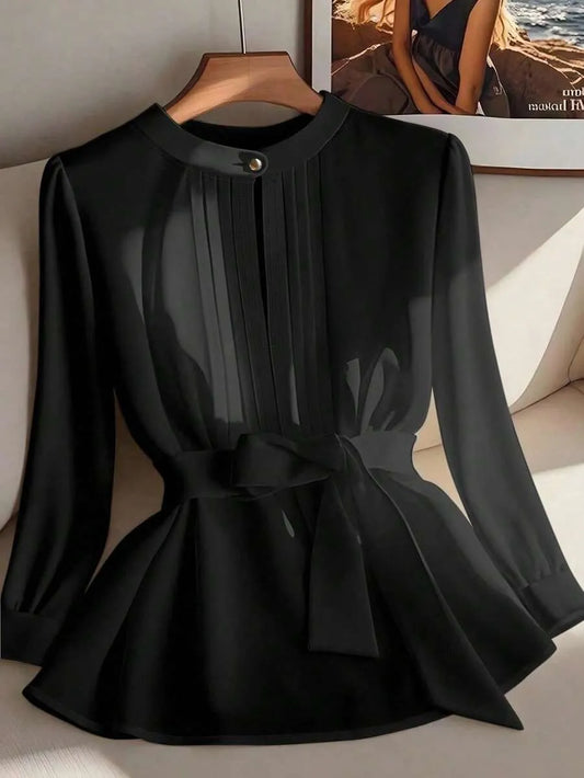 SHEIN Franclia قميص نسائي بأكمام طويلة وتصميم ضيق بلون أحادي