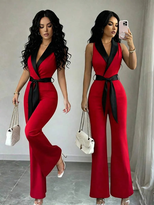 SHEIN Elenzga جمبسوت نسائية بدون أكمام بلون متباين من