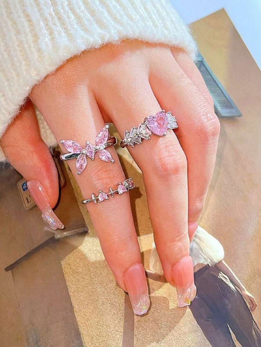 SHEIN Y2K طقم 4 خواتم كريستال وردي ستايل