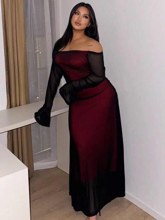 SHEIN فستان أنيق أحمر بطبقة شبكية على الكتف وأكمام طويلة