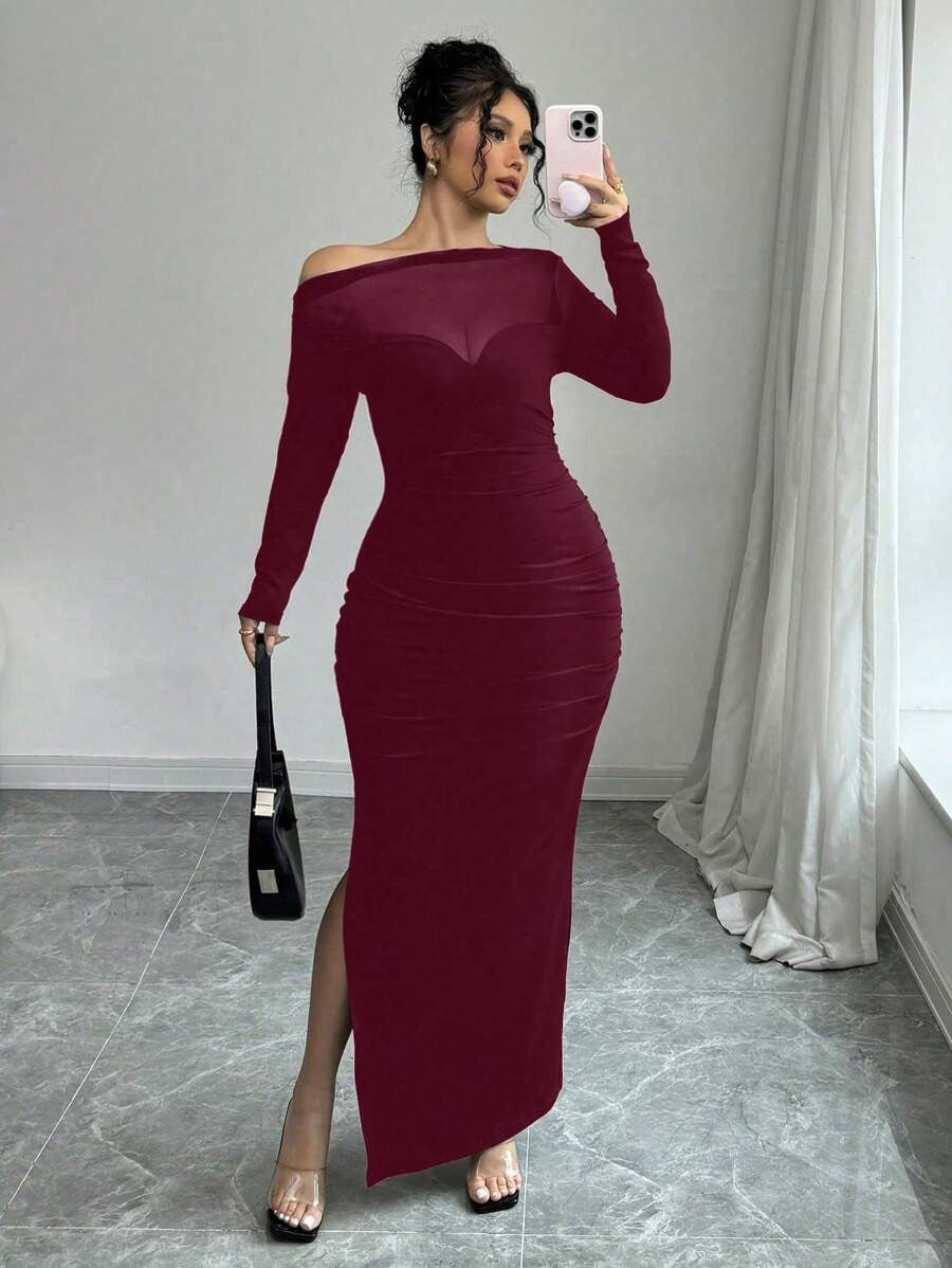 SHEIN INAWLY فستان بكتف مائل بلون عنابي