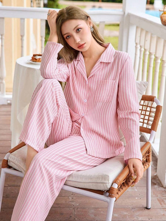 SHEIN طقم بيجامة خريفية من قطعتين وردي