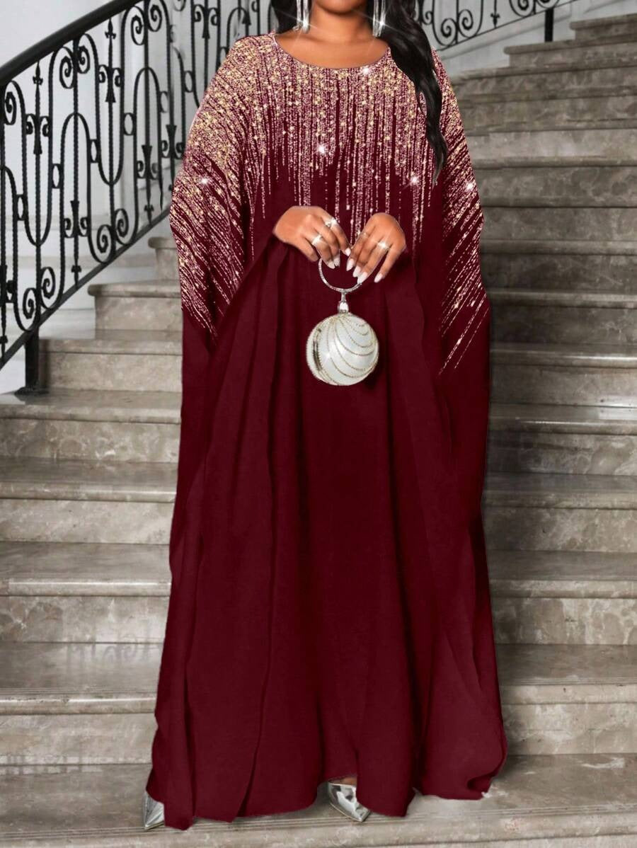 SHEIN Lady فستان أنيق طويل عنابي بياقة مستديرة