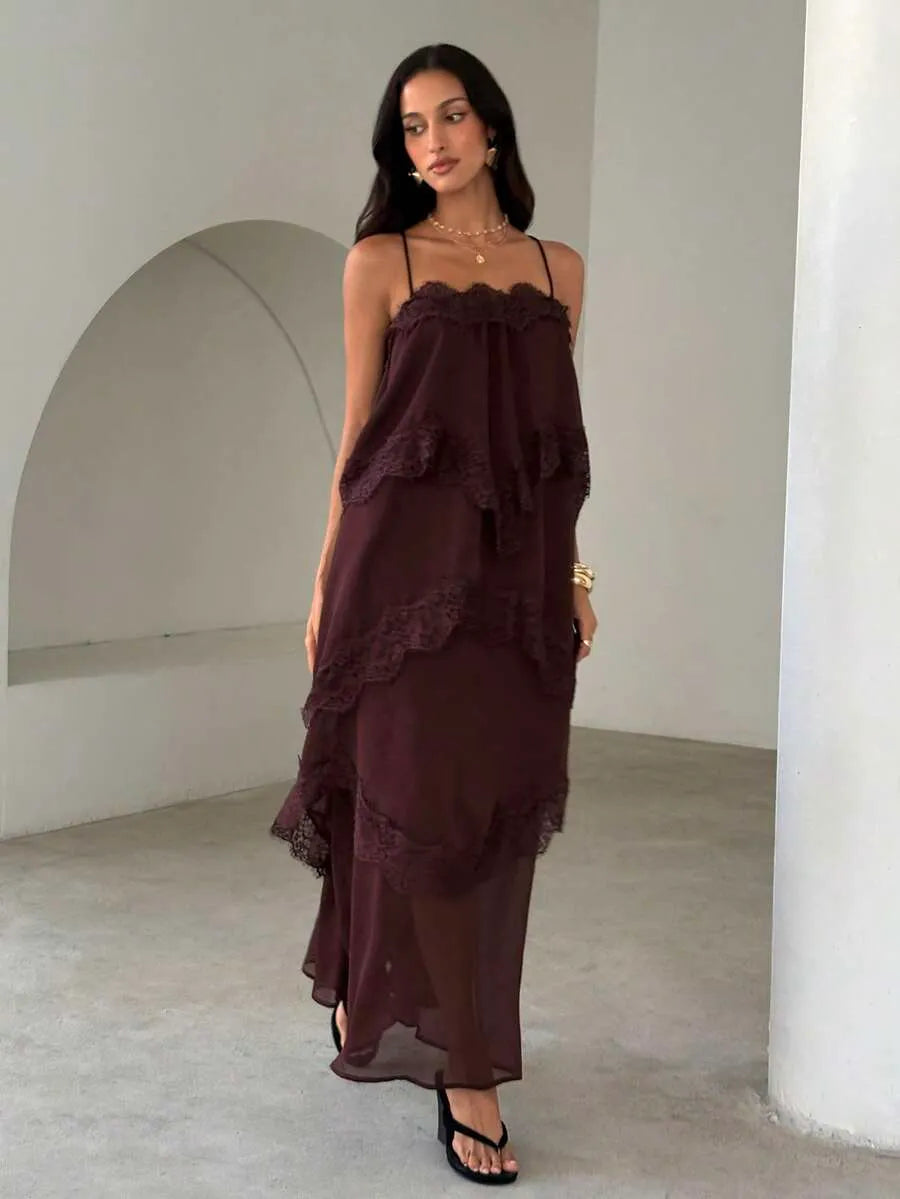 SHEIN Aloruh فستان برغندي طويل من الشيفون والدانتيل بتصميم مرقع فضفاض
