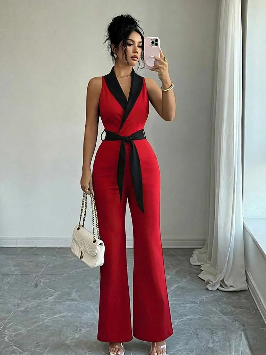 SHEIN Elenzga جمبسوت نسائية بدون أكمام بلون متباين من