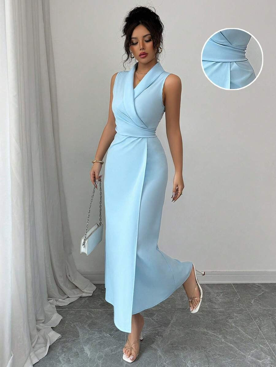 SHEIN Elenzga فستان بلون الأزرق طويل وبدون أكمام بتصميم ملفوف وثنيات