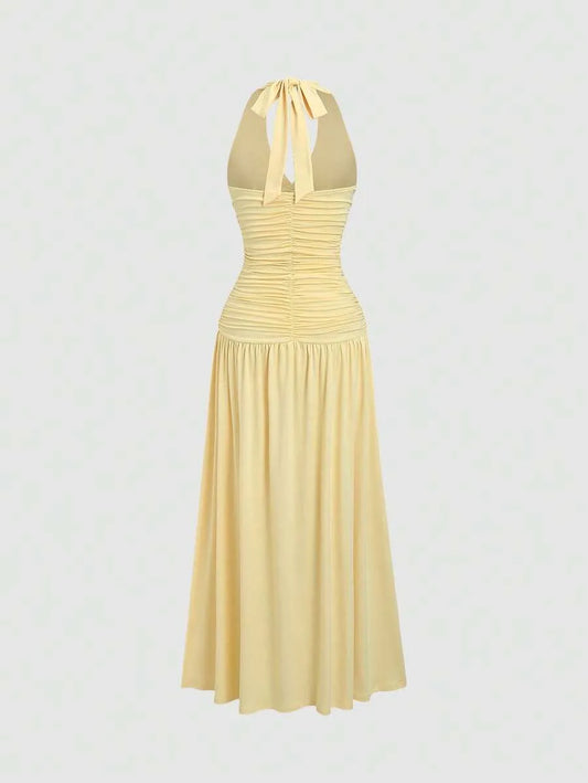 SHEIN Sweetra V فستان نسائي أصفر مكشكش بياقة
