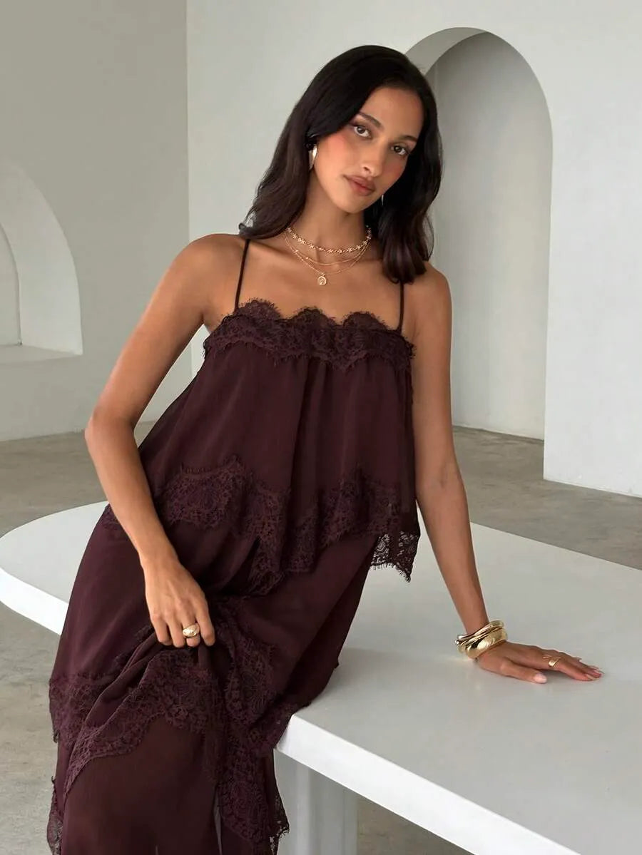 SHEIN Aloruh فستان برغندي طويل من الشيفون والدانتيل بتصميم مرقع فضفاض