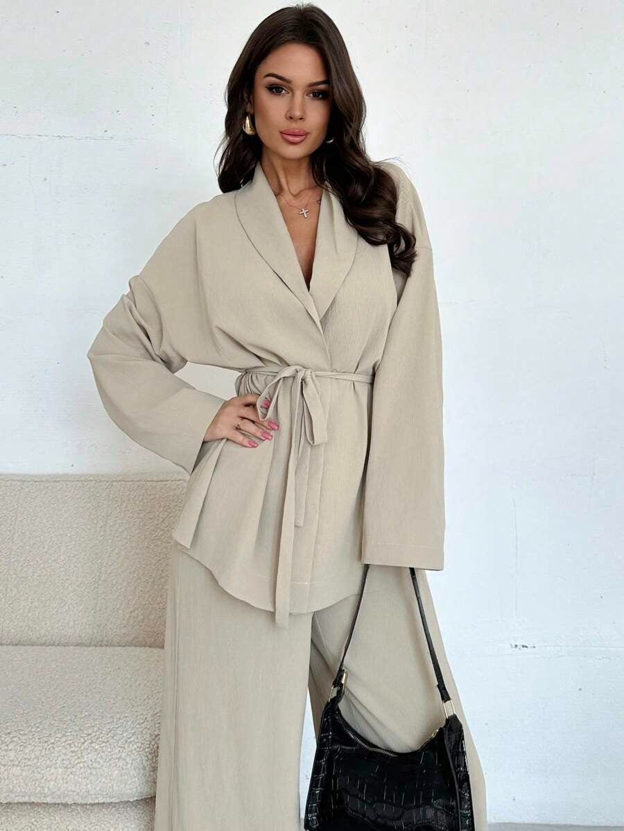 SHEIN Firerie طقم أنيق بربطة خصر وجاكيت واسع وبنطلون خصر عالي بلون بيج كاكي