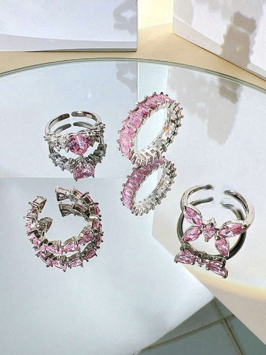 SHEIN Y2K طقم 4 خواتم كريستال وردي ستايل