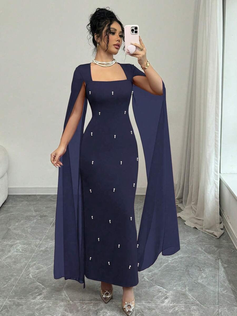 SHEIN Rafferiza فستان طويل بلون أزرق بحري مزين بالفصوص