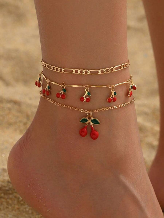 SHEIN طقم 3 أساور كاحل مزينة بتعليقات الكرز