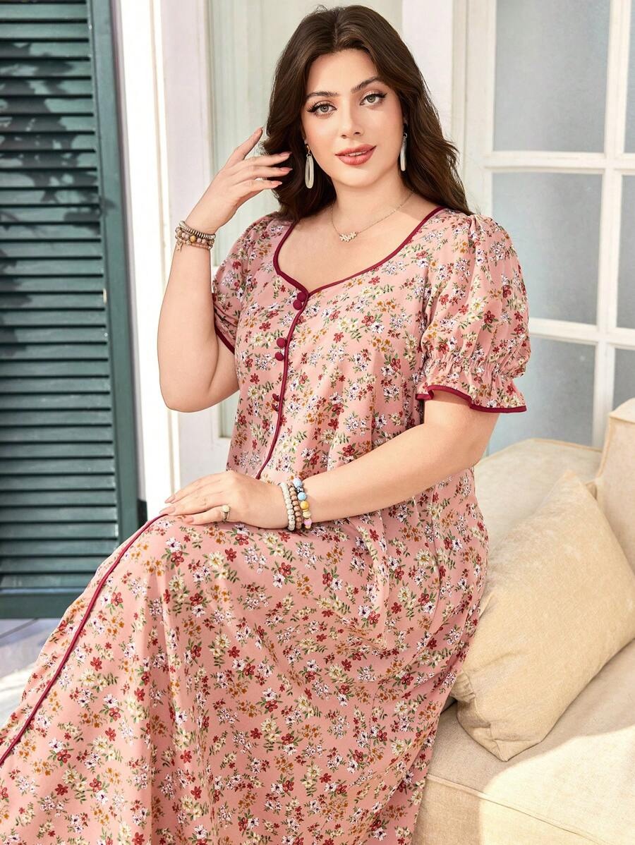 SHEIN فستان واسع بنقشة زهور برقبة مربعة وأكمام منتفخة