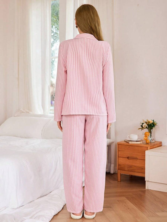 SHEIN طقم بيجامة خريفية من قطعتين وردي