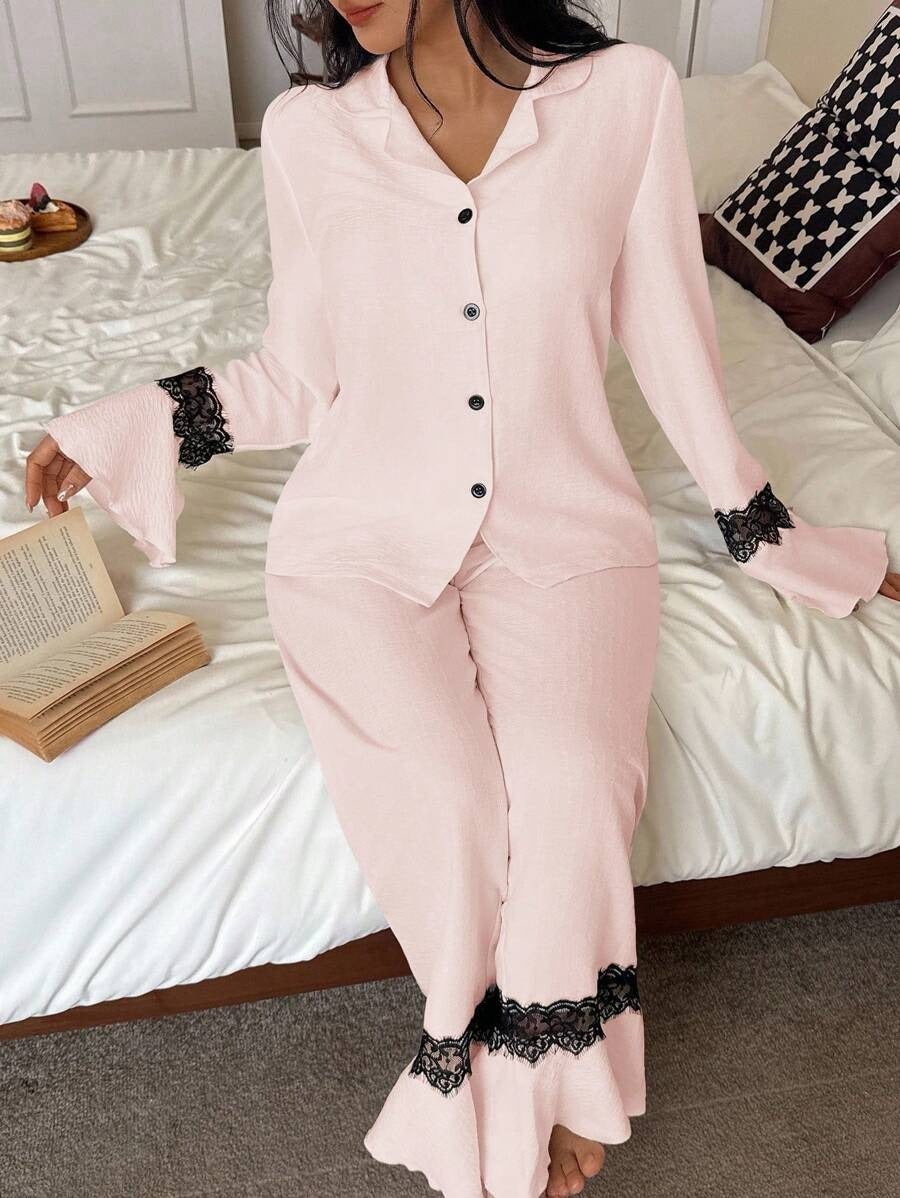 SHEIN طقم بيجامة وردي ناعم بدانتيل وأكمام واسعة