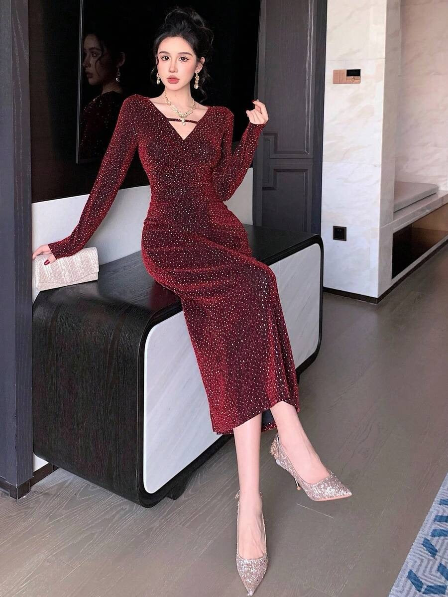 SHEIN DAZY فستان سهرة أحمر أنيق مرصع بالراين الأحمر