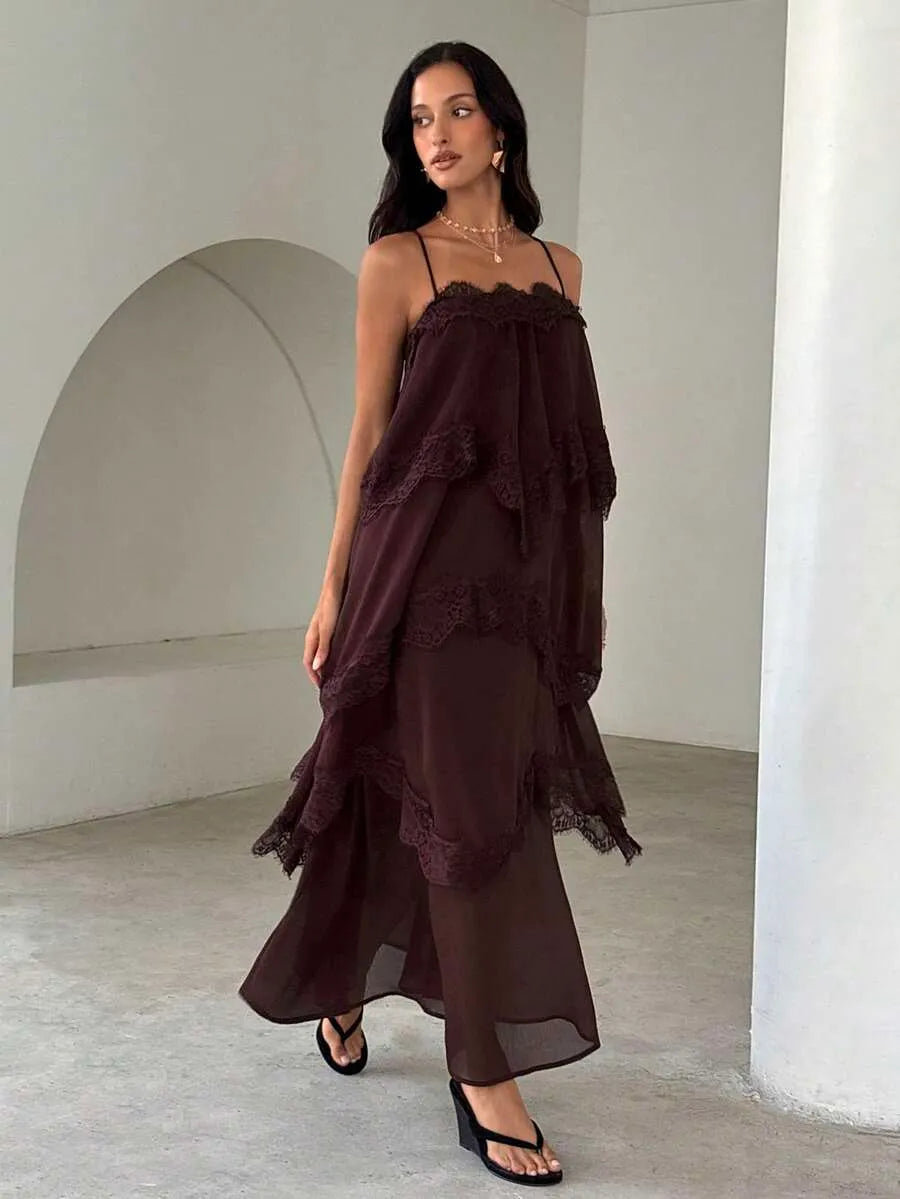 SHEIN Aloruh فستان برغندي طويل من الشيفون والدانتيل بتصميم مرقع فضفاض