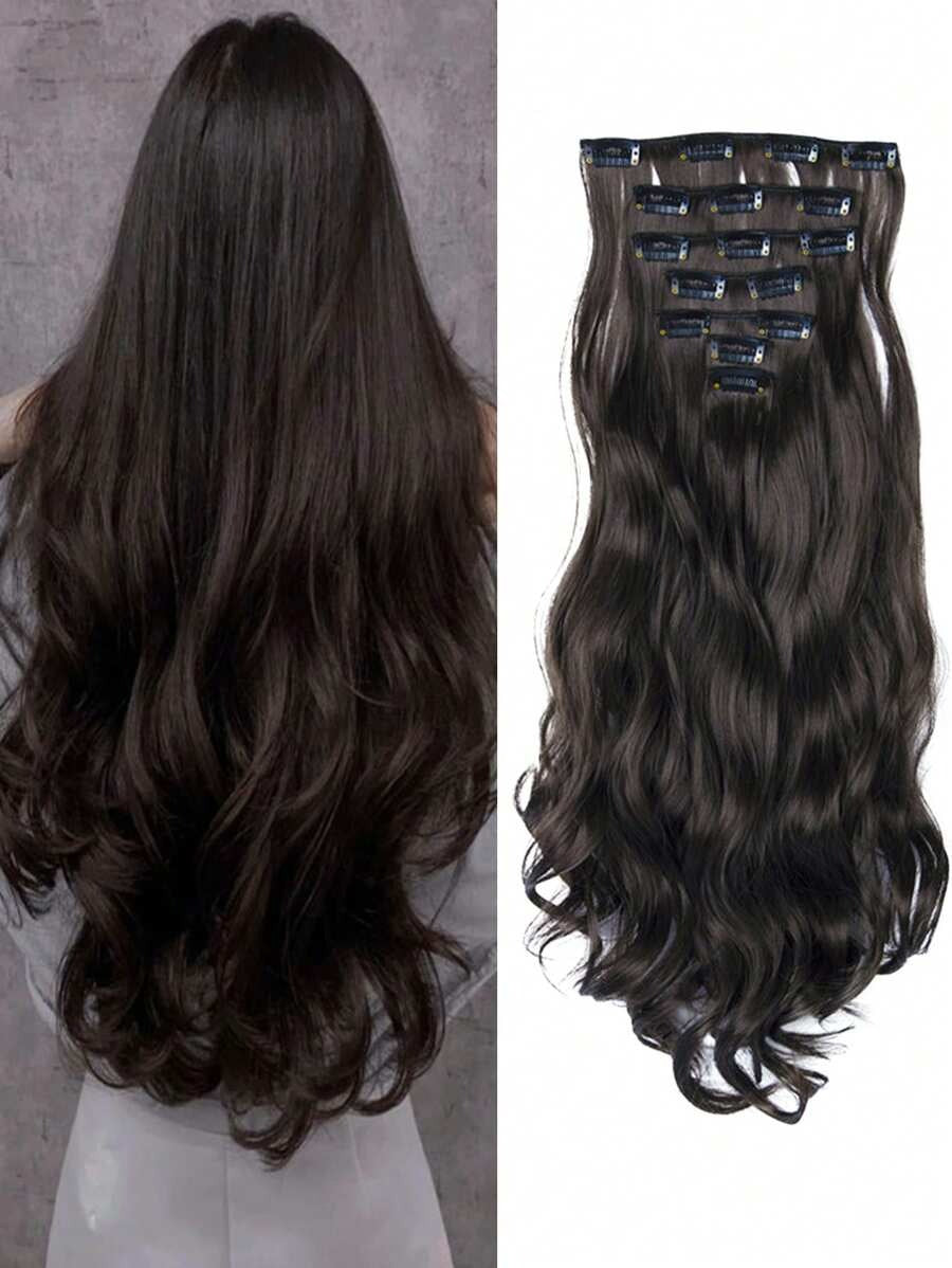 SHEIN طقم 7 قطع وصلات شعر بمشبك بلون أسود بني