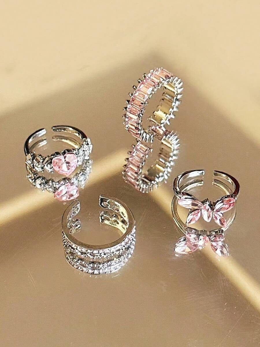 SHEIN Y2K طقم 4 خواتم كريستال وردي ستايل