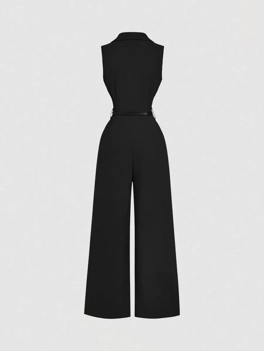 SHEIN جمبسوت حريري أسود أنيق بياقة