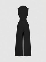 SHEIN جمبسوت حريري أسود أنيق بياقة طية وحزام