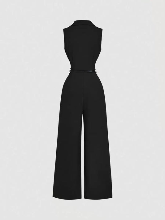 SHEIN جمبسوت حريري أسود أنيق بياقة طية وحزام