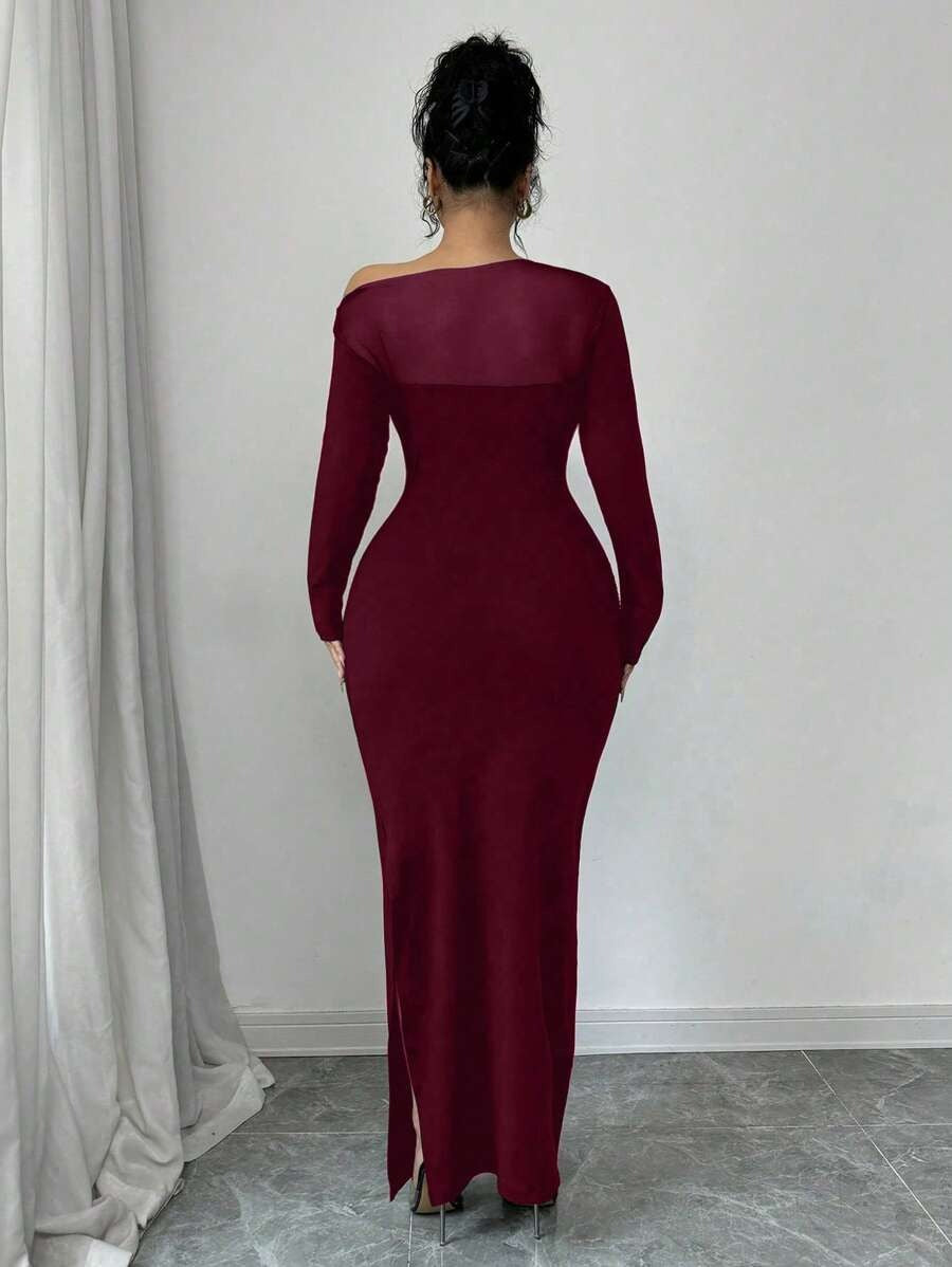 SHEIN INAWLY فستان بكتف مائل بلون عنابي