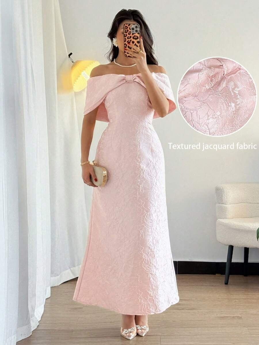 SHEIN Rafferiza فستان ساتان وردي  بكتف شكل فيونكة