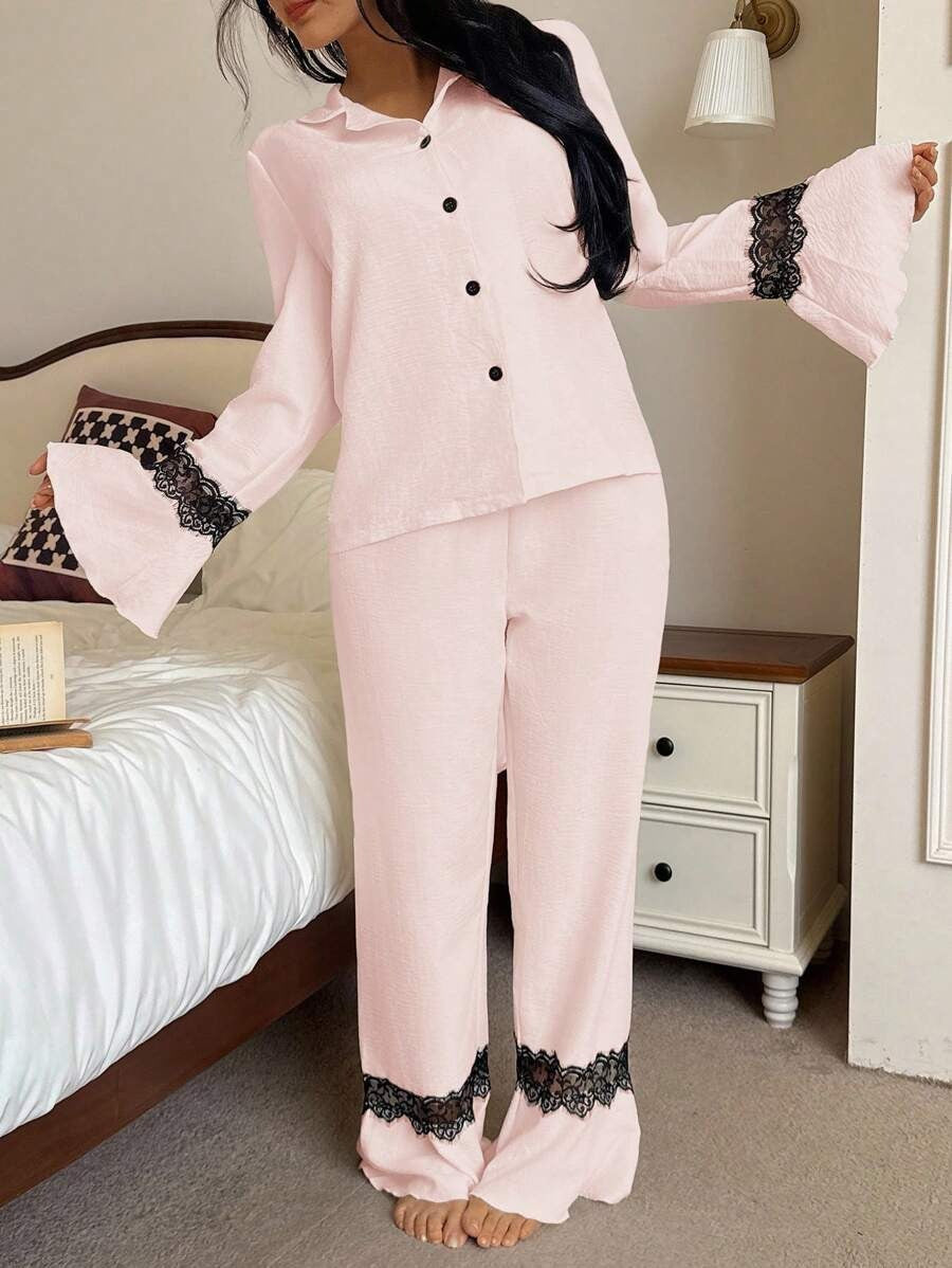 SHEIN طقم بيجامة وردي ناعم بدانتيل وأكمام واسعة