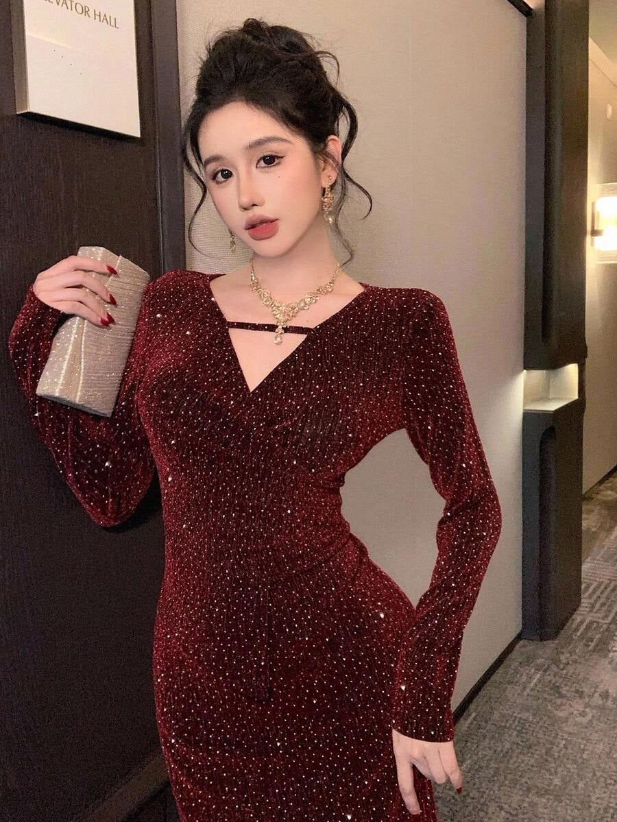 SHEIN DAZY فستان سهرة أحمر أنيق مرصع بالراين الأحمر