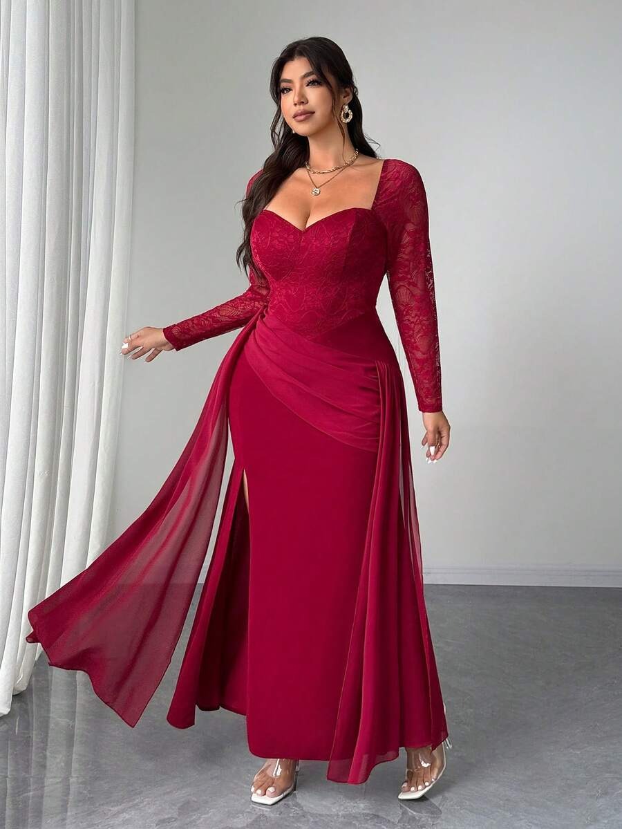SHEIN Elenzga فستان سهرة أنيق لون عنابي بقصة ذيل السمكة