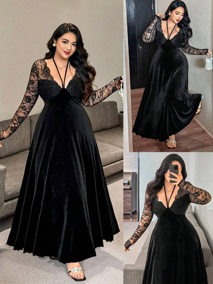 SHEIN Vibekara فستان ماكسي أنيق مخملي أسود بأكمام طويلة