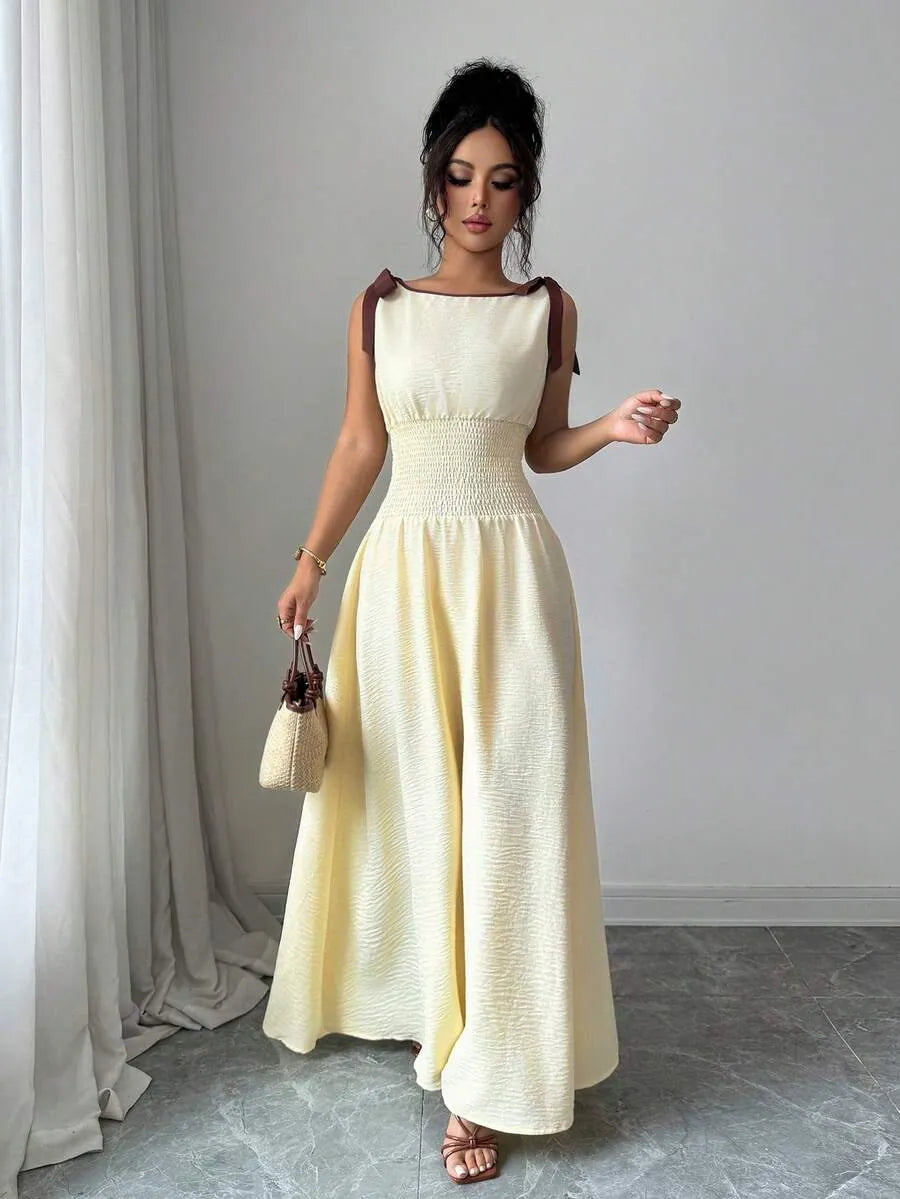 SHEIN Selianne A فستان طويل بياقة قارب وربطة عنق بخصر