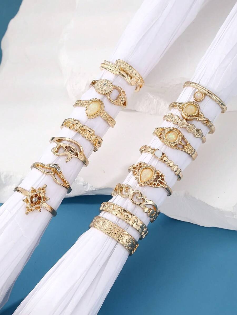 SHEIN طقم 16 خاتم بوهيمي ذهبي