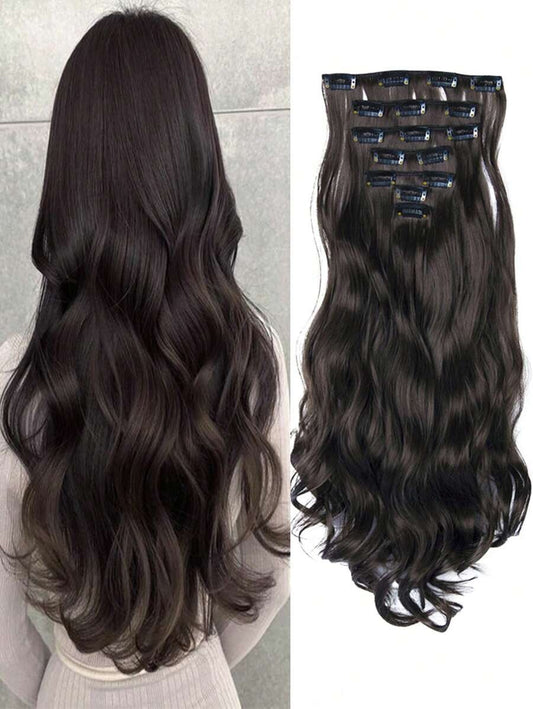 SHEIN طقم 7 قطع وصلات شعر بمشبك لون أسود بني
