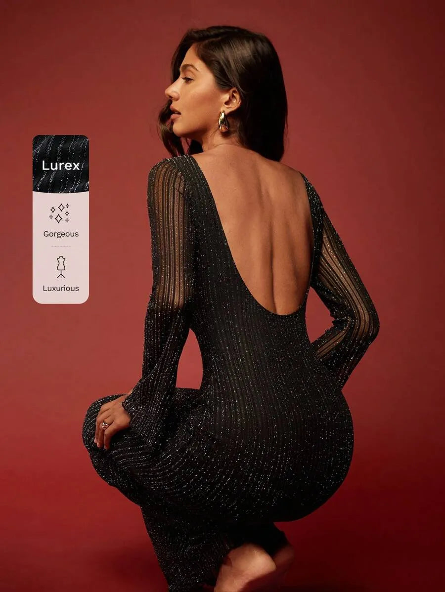 SHEIN Opulessa فستان أسود طويل بأكمام ضيقة وفتحة ظهر وقبة مستديرة