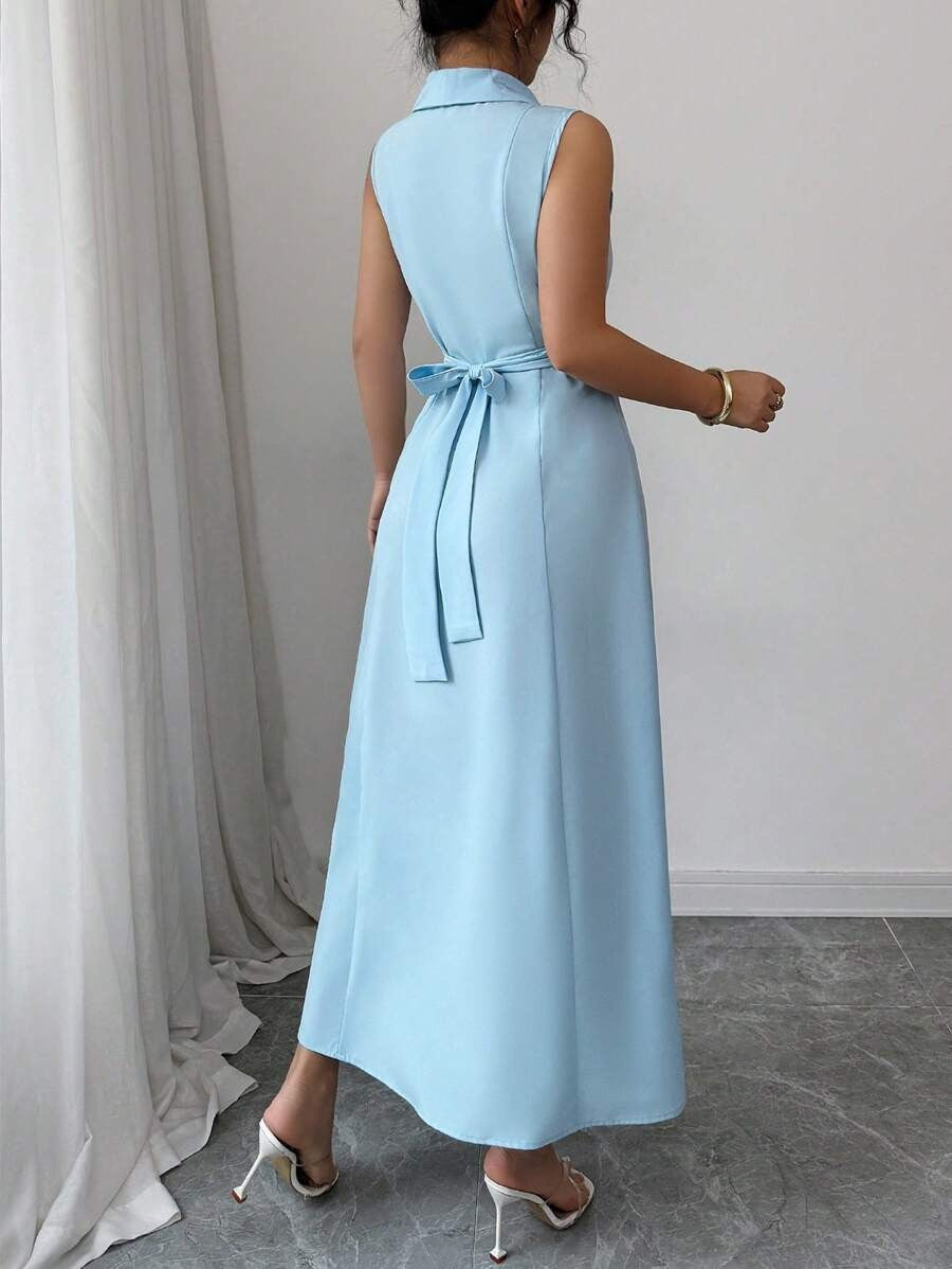 SHEIN Elenzga فستان بلون الأزرق طويل وبدون أكمام بتصميم ملفوف وثنيات