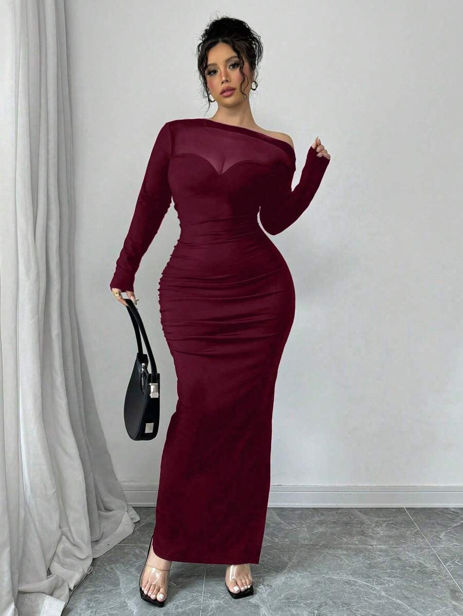 SHEIN INAWLY فستان بكتف مائل بلون عنابي